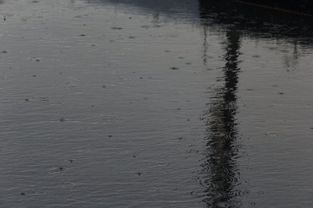 rain, raindrops on the pavement in a spray of water and the reflection of light in water.の写真素材