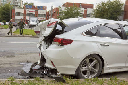 Saint Petersburg, Russia-June 08, 2019: badly broken new car total damage.のeditorial素材