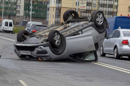 Saint Petersburg, Russia-June 08, 2019: an overturned car in one of the citys districtsのeditorial素材