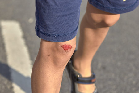 bruised wound on the knee, the boy fell and scratched his knee