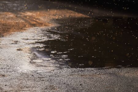 Drops of rain bubbling in a puddle with the reflection of light.の写真素材