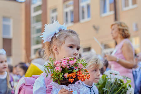 Russia, Saint-Petersburg, September 2019: first of September back to school children went to school for the first time in their lives.のeditorial素材