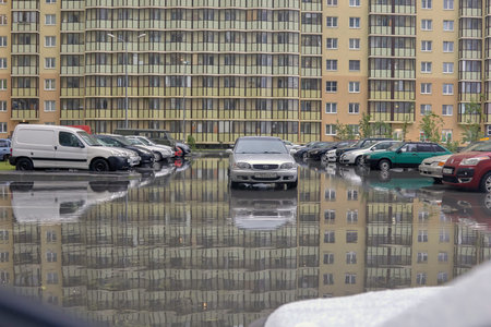 Russia, Saint-Petersburg, July 2019:flooding rainy day in a big city.
