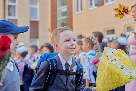 Russia, Saint-Petersburg, September 2019: first of September back to school children went to school for the first time in their lives.のeditorial素材