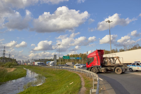 Saint Petersburg, Russia-June 08, 2019: a truck spun on the ring road due to a burst wheel a large...