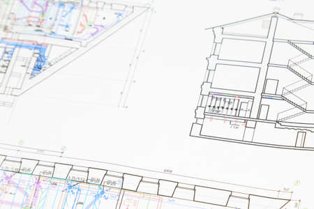 Architectural design, drawings, drawings are lying on the table. Construction Fund, engineering tools. top view.の写真素材