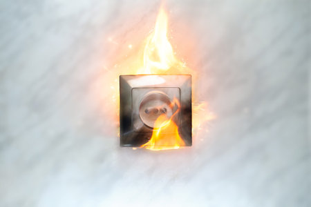 Damaged socket in the fire, short circuit of the electrical wiring, selective focus