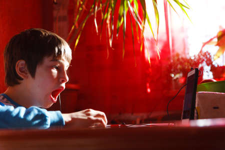 home online training, a boy using a mobile phone and headphones is engaged in English speaking with a teacher on an online conference callの写真素材
