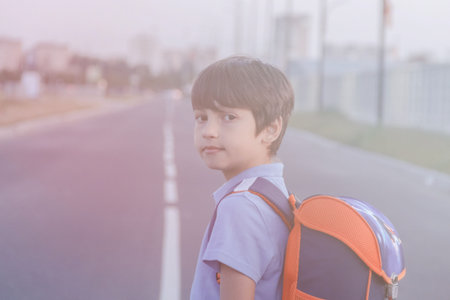 Portrait of happy boy with backpack, school child waiting for school bus, primary school student, on the way to schoolの写真素材