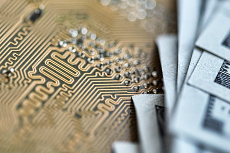Printed circuit board chips, electronics technology, against the background of money. The concept of...