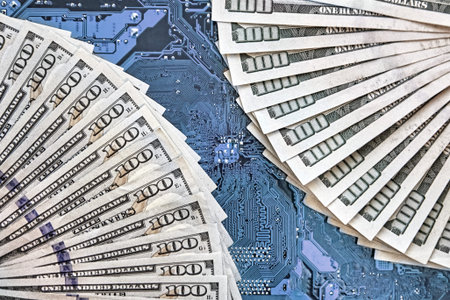 Printed circuit board chips, electronics technology, against the background of money. The concept of...