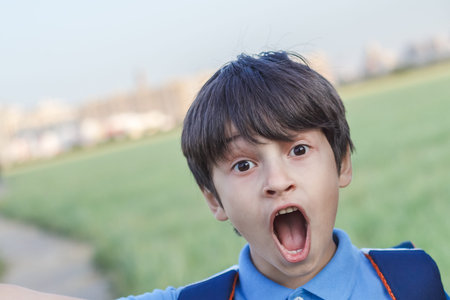 Schoolboy with backpack surprised face against the background of urban landscape.の写真素材