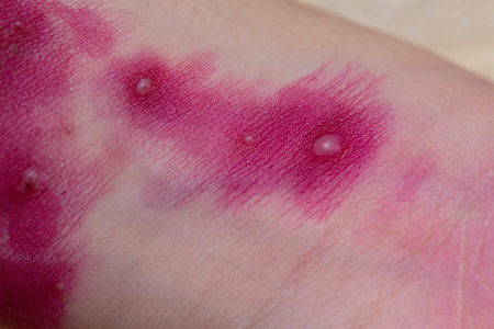 Close-up of a child's skin rash. Chickenpox virus. Skin rash and blisters on the body