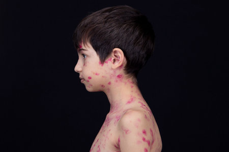 Close-up of the bodies of children with chickenpox and blackheads. Inflammation of the skin. The concept of health care.の素材 [FY310183633430]