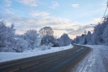trees covered with snow on a frosty day winter road.