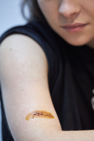 the girl looks at the wound after surgery, surgical suture, wound on the arm, iodine treatment of the sutureの写真素材