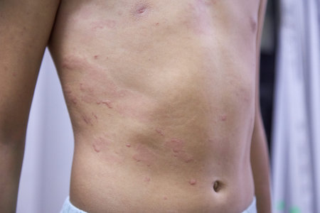 food allergy. a boy with red spots. The child has itching, with an allergic rash..