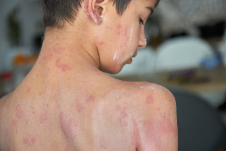 Itchy skin, dermatitis, food allergies. Baby showing her back with acne, red spots. Babys having itching, scratching her body with allergy rashの写真素材