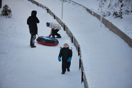 Winter Wonderland Gathering, An Enchanted Assembly of Joyful Souls Amidst Snow-Kissed Landscapesの写真素材