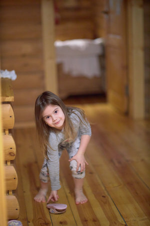 The Little Explorer on the Wooden Stageの写真素材