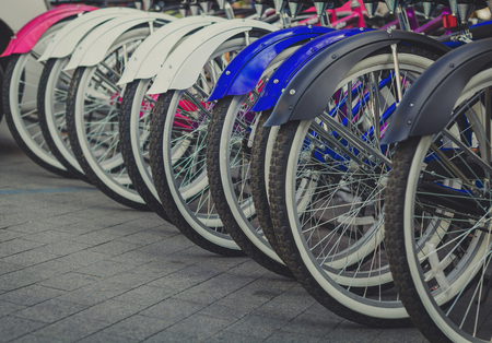 Group of bikes in parking in the cityの写真素材