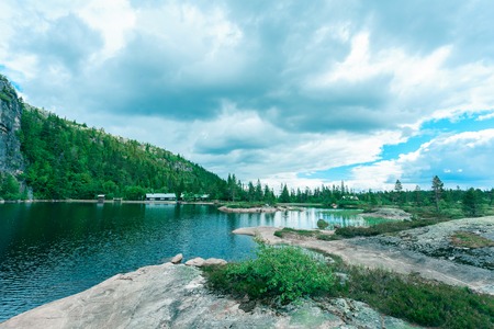 Mountain landscape with lake and stones, Norwayの写真素材