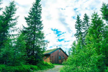 Wooden cabin with turf roof at a campsite in Norwayの写真素材