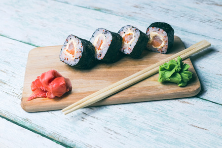 Sushi set on a wooden tray backgroundの写真素材