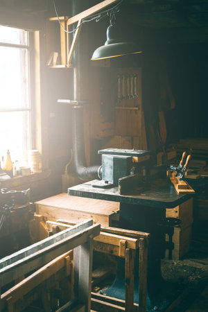 old carpenter's tools for working with wood workshop