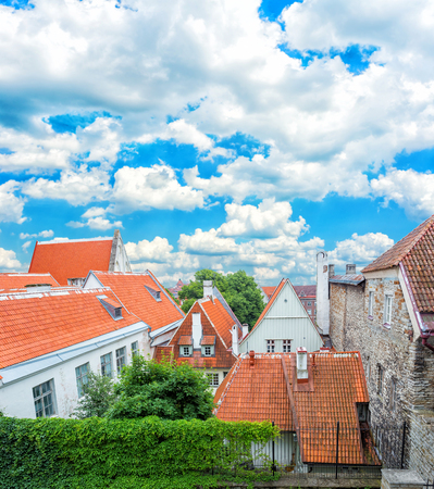 Scenic summer aerial panorama of the Old Town architecture in Tallinn, Estoniaの写真素材