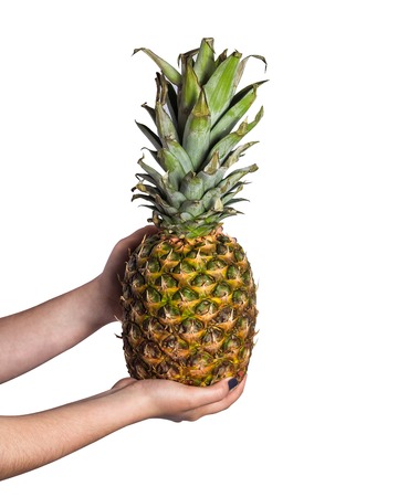 Woman hand holding pineapple isolated on white backgroundの写真素材