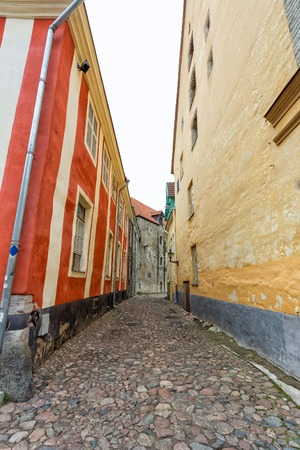 Cobblestone street with old buildings in Stockholm, Swedenの写真素材