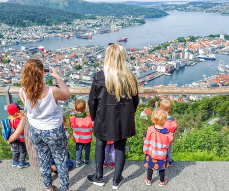 Teachers taking kids fron school to the city, Bergen, Norwayの写真素材