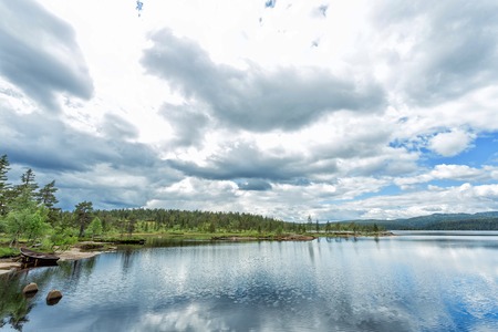 Norway, stunning landscape with lake and mountainの写真素材