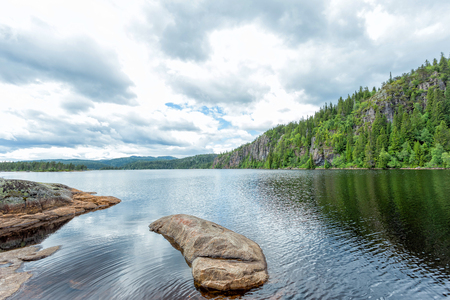 Norway, stunning landscape with lake and mountainの写真素材