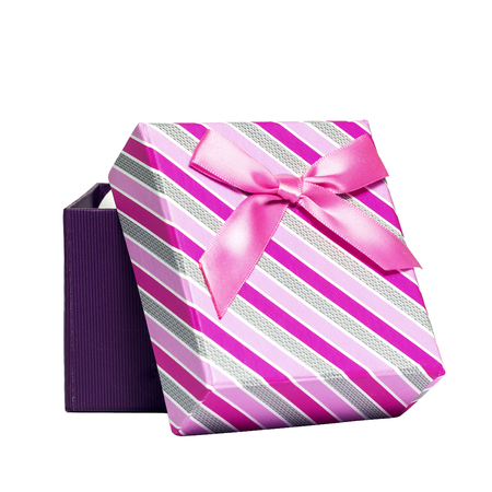 Pink open gift box with bow isolated on white backgroundの写真素材