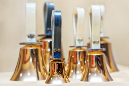 Golden handbells ready to play close upの写真素材
