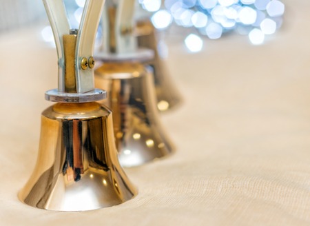 Golden handbells ready to play close upの写真素材