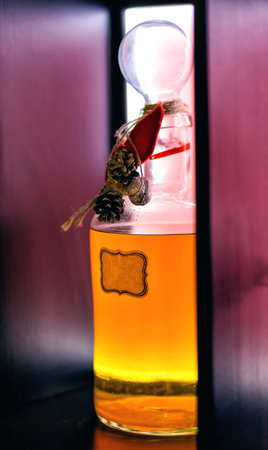 Glass bar counter with shelves alcohol bottles