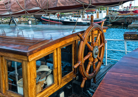 Steering wheel of the old ship boatの写真素材