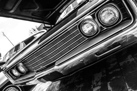 close up black and white classic muscle car grillの写真素材