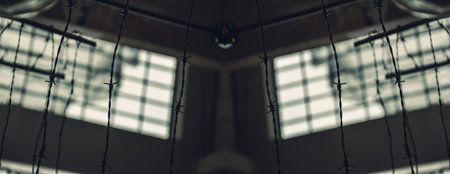 abstract panoramic composition of shapes with barbed wire