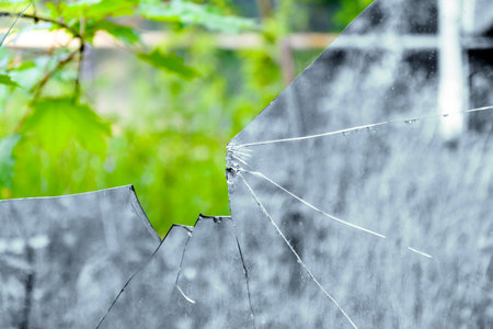 broken glass outdoor view green nature and cold saturated glass