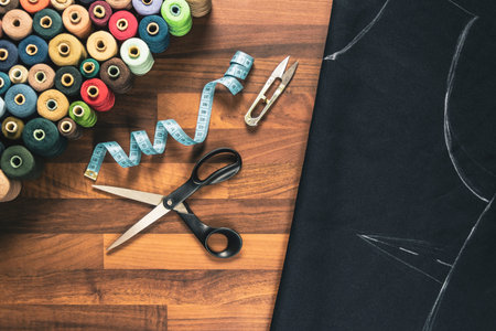 sewing tools on the wooden table