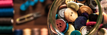 a lot of buttons on sewing tools background horizontal, panorama, panoramic