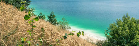 blue lagun lake on summer time horizontal, panorama, panoramicの写真素材