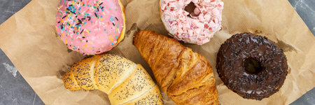 a lot of baked sweets on concrete table horizontal, panorama
