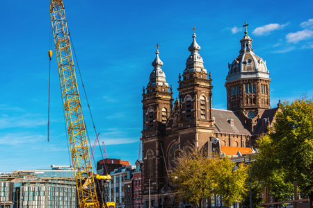 gothic cathedral crane on blue sky background urban landscape colorful