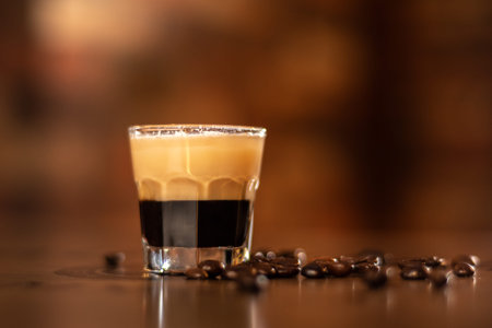 tasty coffee shot on wooden bar table close up raw coffee beans