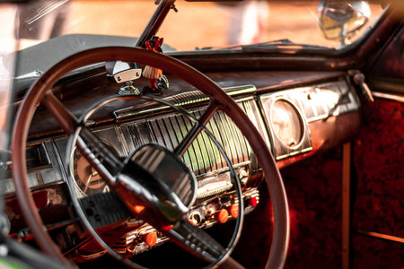 Detail of vintage car interior. Retro car. Classic car.の写真素材